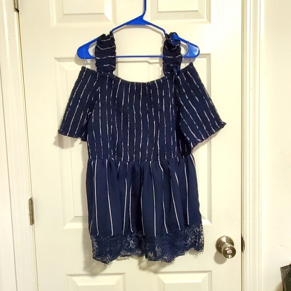 Navy Pinstripe Off-shoulder Blouse 🦋